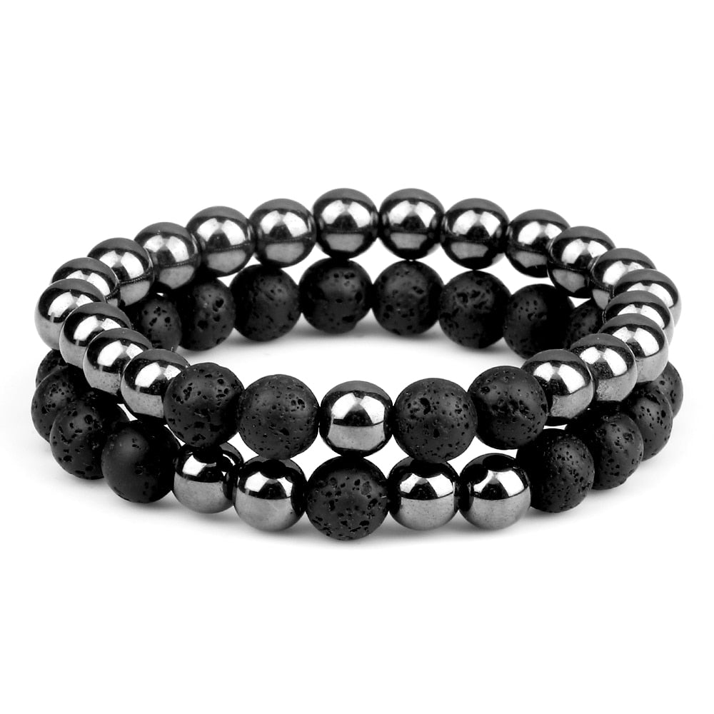 2pcs Couples Natural Stone Lava Beads Bracelets Trendy Men Hematite Beads Bracelet