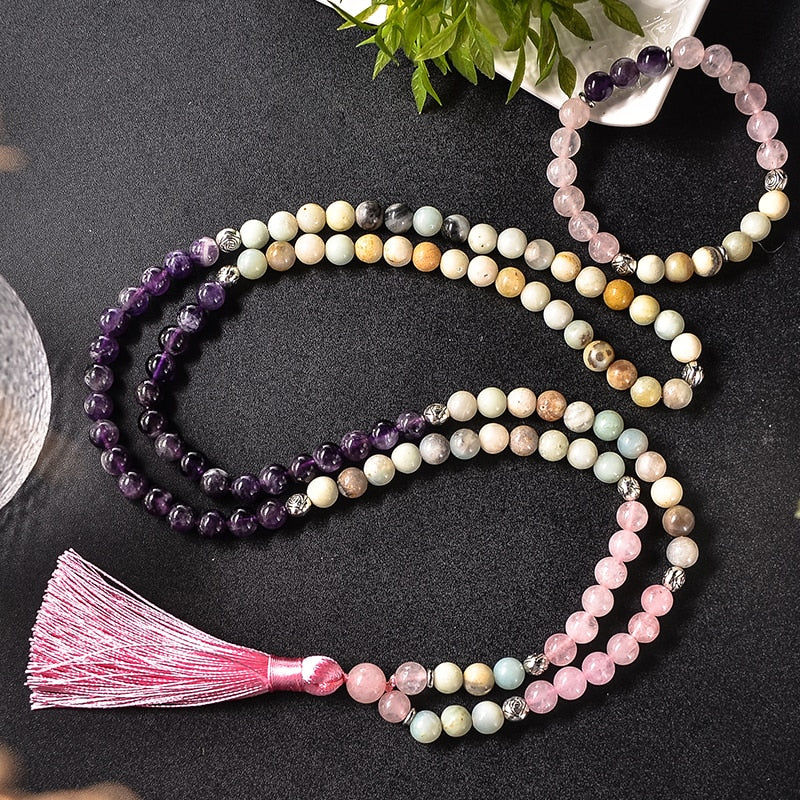 8mm Natural Amethyst Rose Quartz Amazonite Beaded Necklace