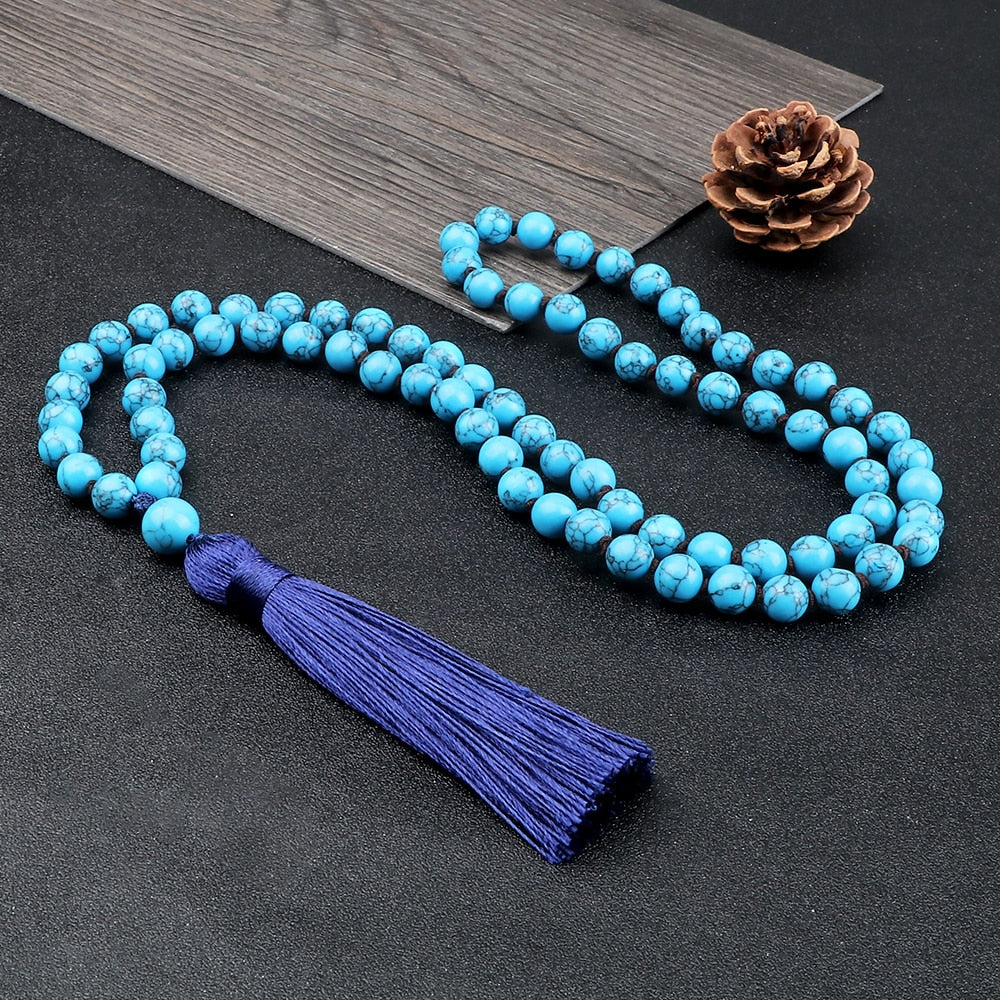 108 Mala Beads Necklace Women Natural Blue Pine Stone Beaded Knotted Tassel Pendant Long Necklace