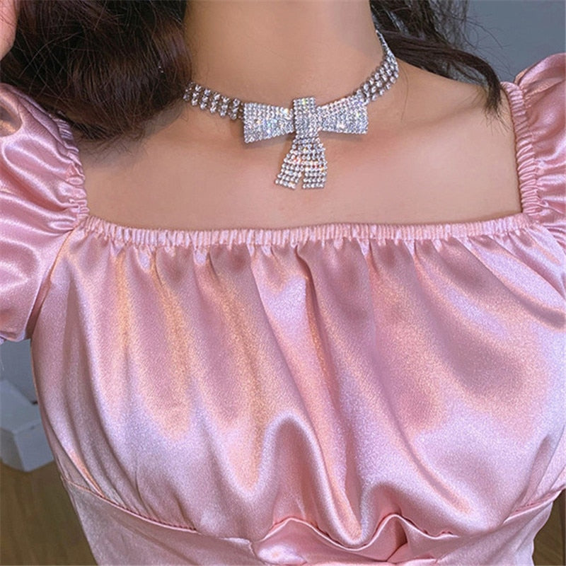 Bowknot Crystal Choker Necklaces for Women Shine Rhinestone Necklaces