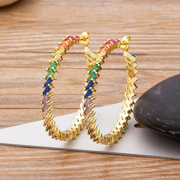 Fashion Luxury Big Circle Earrings Copper Zircon Rainbow Elegant  Jewelry