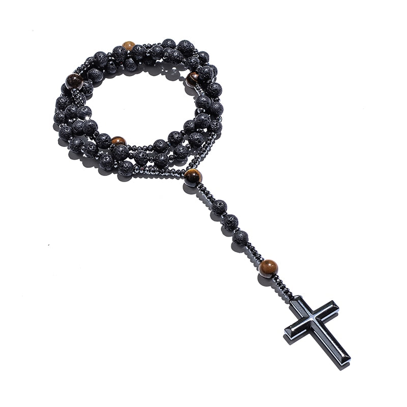 Black Lava Stone Yellow Tiger Eye Beaded Catholic Christ Cross Necklace