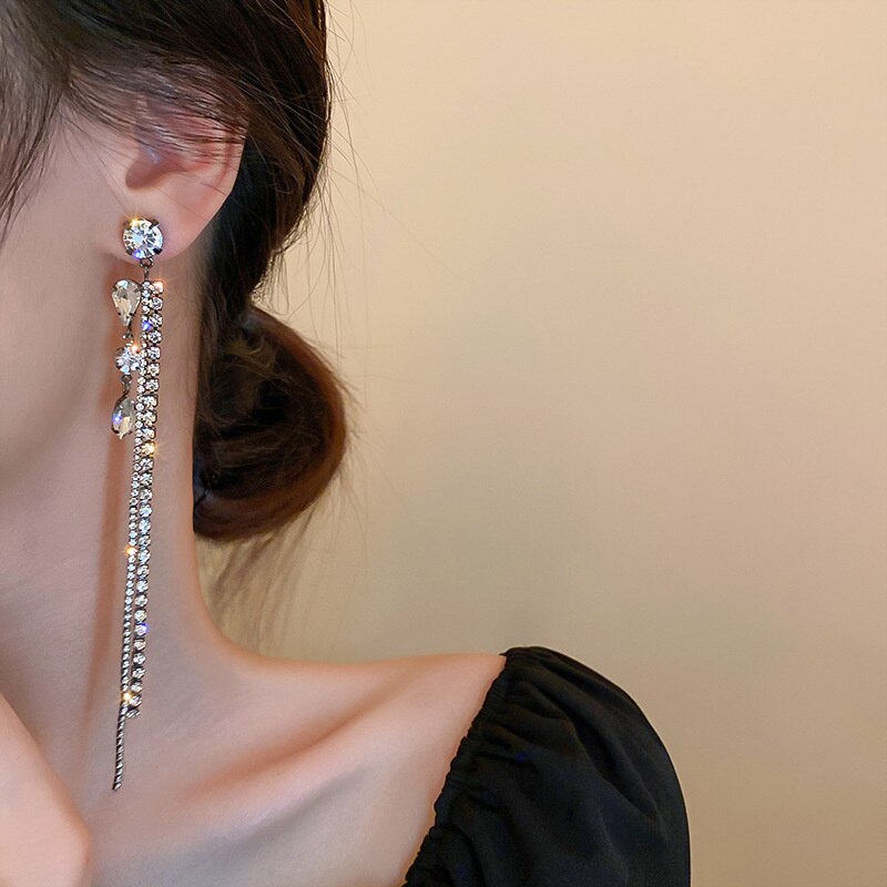 Vintage Long Tassel Rhinestone Drop Earrings for Women Water Drop Crystal Earrings