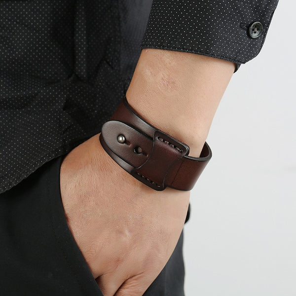 Vintage Irregular Men Genuine Leather Bracelets Wide Brown Cuff Wrap Bracelets