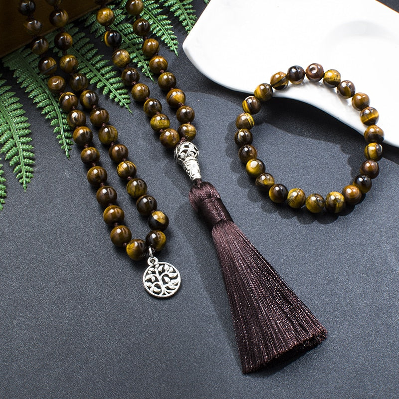 8mm Natural Yellow Tiger Eye Japamala Necklace Meditation Yoga Jewelry Set