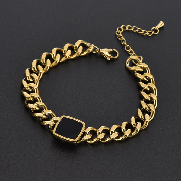 Black Square Stainless Steel Gold Color Bracelet Ladies Hip Hop Thick Chain Bracelet