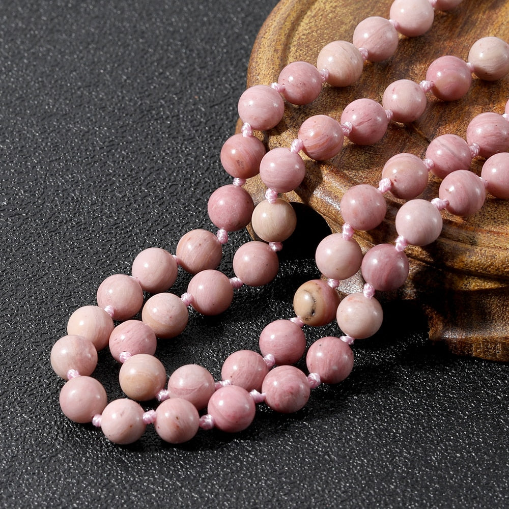 8mm Natural Rhodochrosite Beads Hand-Knotted Meditation Yoga Prayer Spirit Jewelry