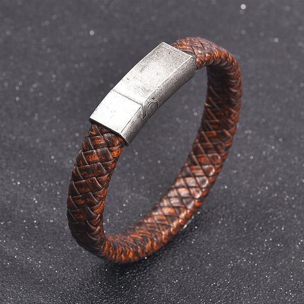 Vintage Brown Genuine Leather Bracelet for Men Stainless Steel Magnetic Clasp Fashion Bangles