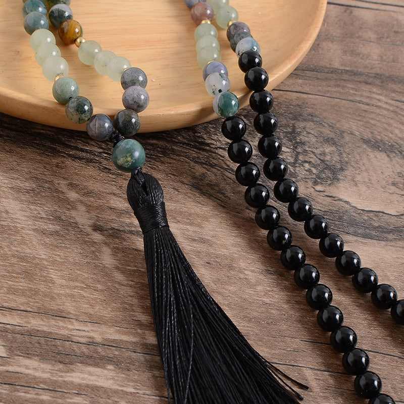 8mm Natural Green Aventurine Indian Agate Black Onyx Beaded Necklace