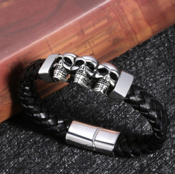 Trend Domineering Gothic Leather Woven Skull Bracelet