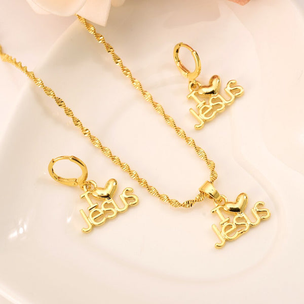 24k gold Jesus heart Pendant Necklace  Earrings sets Jewelry Gold Christian jewelry sets for women