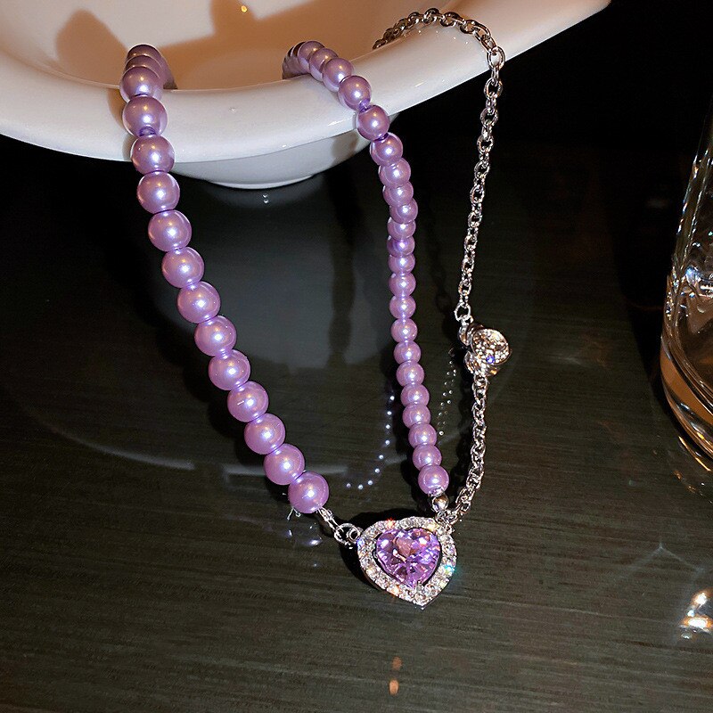 Korean Style Purple Heart Crystal Choker Necklaces for Women Pearl Necklaces