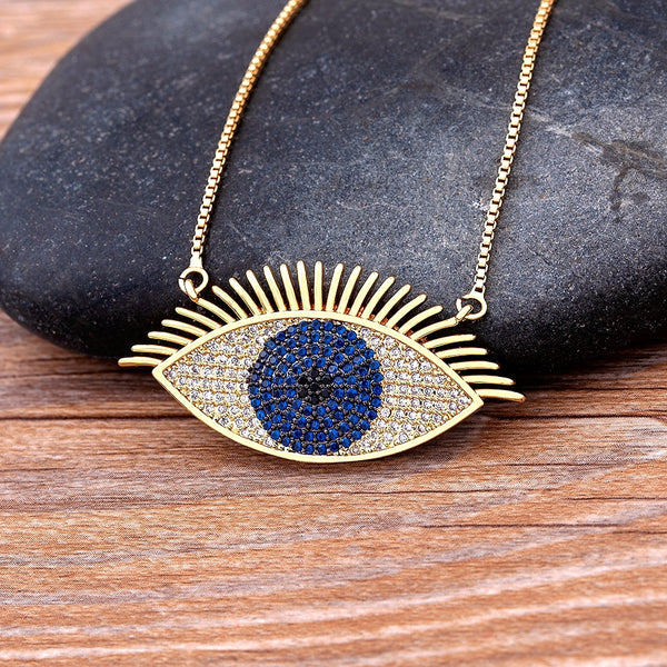 Turkish Lucky Blue Eye Necklace Copper Zircon Evil Eye Pendant Choker Charms Link Chain Necklace