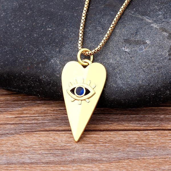 Top Quality Simple Design Blue Cubic Zirconia Paved Geometric Turkish Evil Eye Pendant