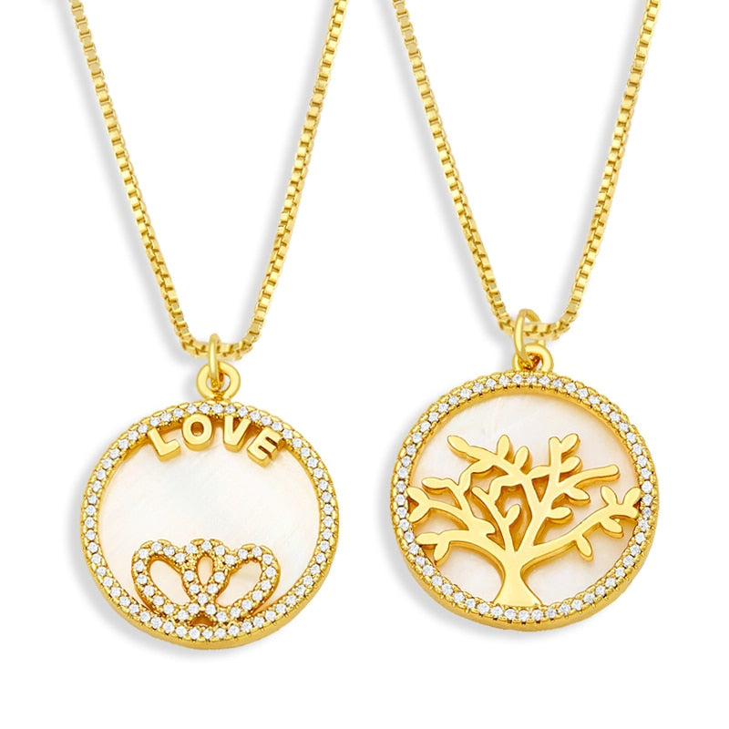 Shell Round Double Heart Necklace For Women Gold Plated Tree Of Life Pendant Necklace