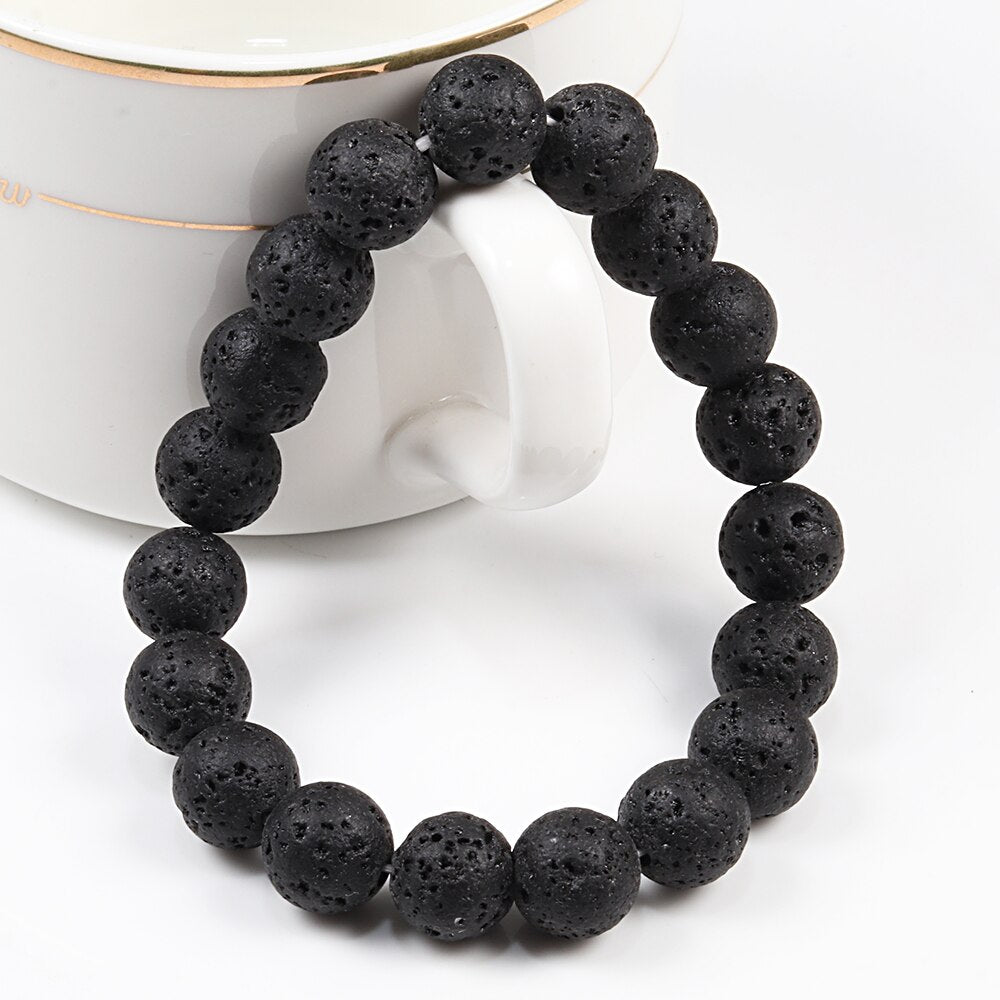 Men Bracelet Natural 10MM Lava Matte Black Beads Stone Bracelets