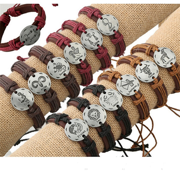 12pcs/lot Fashion 12 Zodiac Signs Leather Bracelet