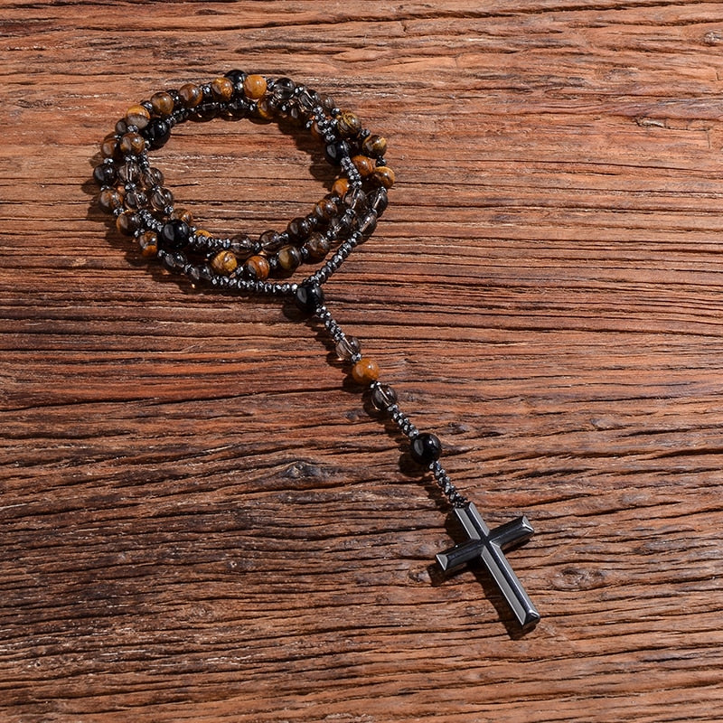 Natural Tiger Eye Smoke Quartz Beaded Catholic Christian Rosary Necklace Cross Pendant