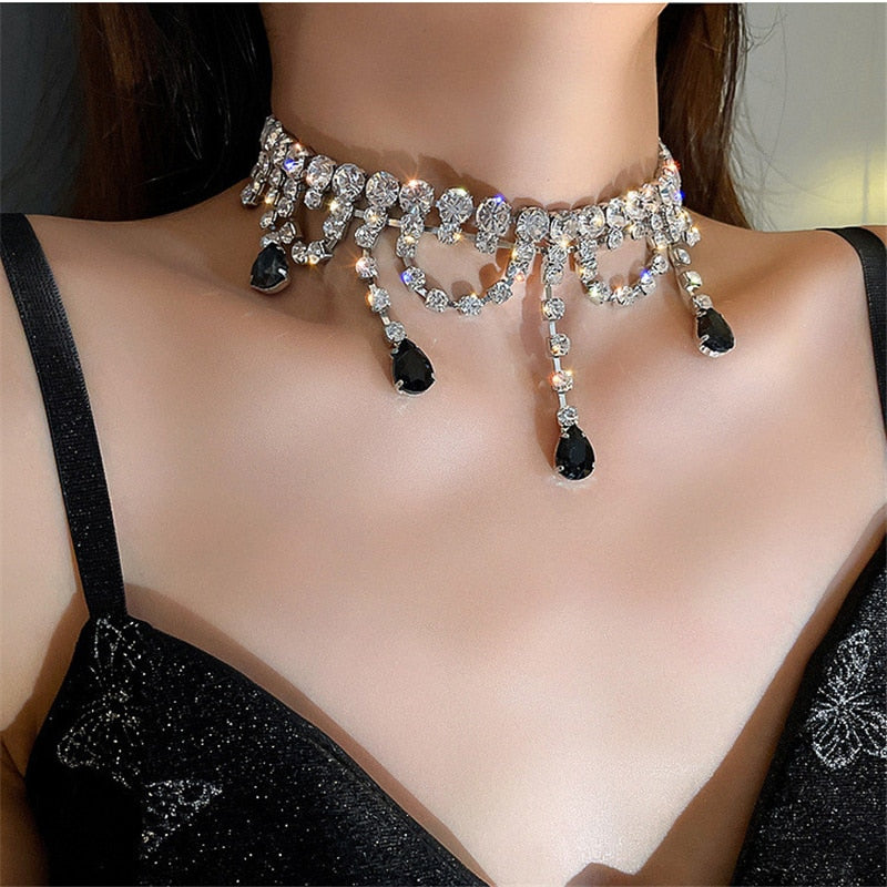 Black Water Drop Crystal Choker Necklaces for Women Long Tassel  Rhinestones Necklaces