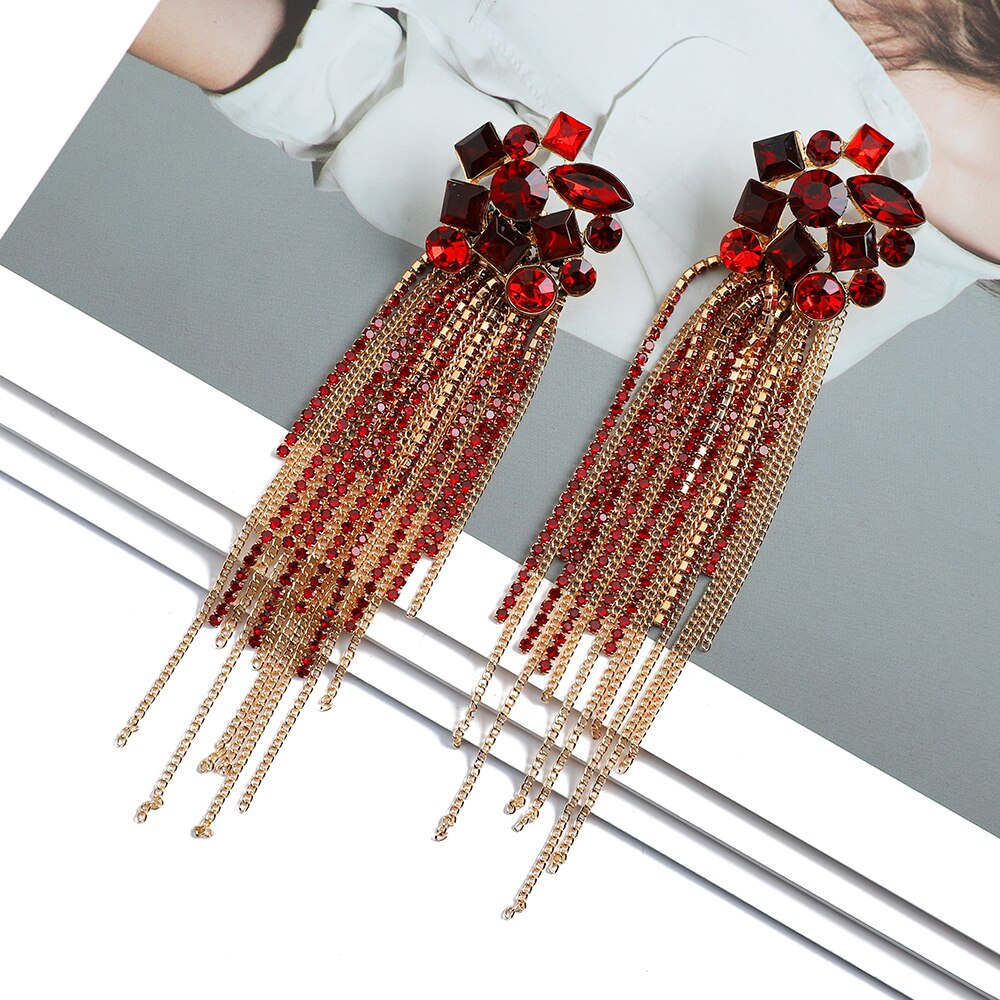 Fashion Metal Chain Inlay Colorful Rhinestone Tassel Dangle Earrings For Women