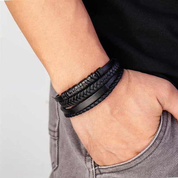 Leather Bracelets for Men Multilayer Stainless Steel Insert Bracelet