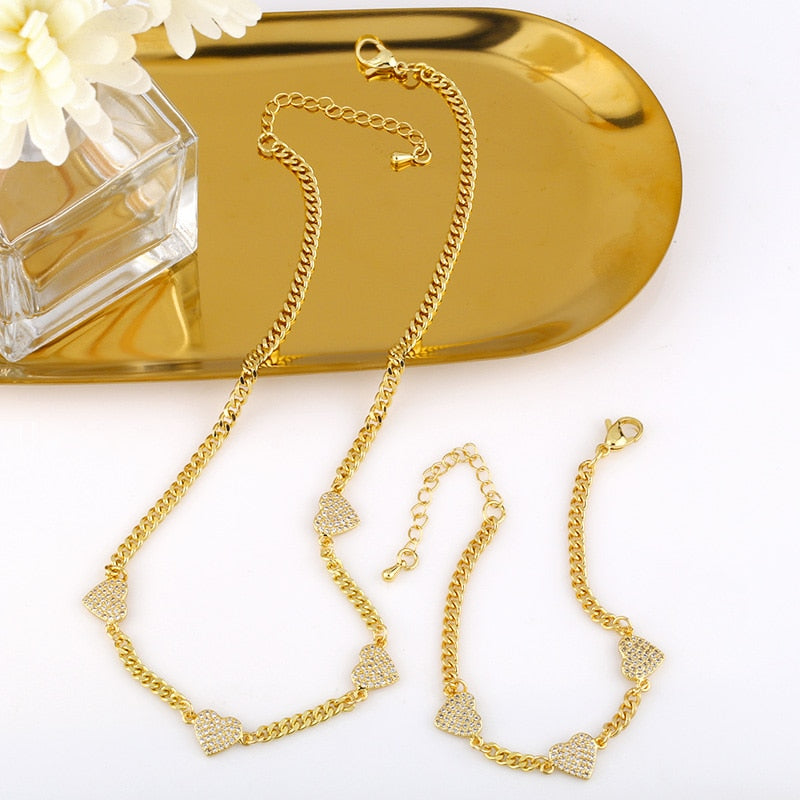 Gold Plated Curb Link Chain Heart Necklace For Women Copper CZ Rhinestone Necklaces