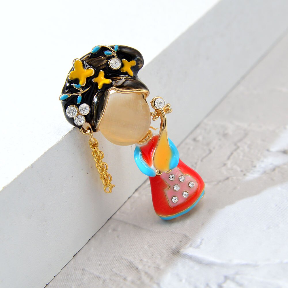 Enamel Painting Girl Violin Brooches For Women