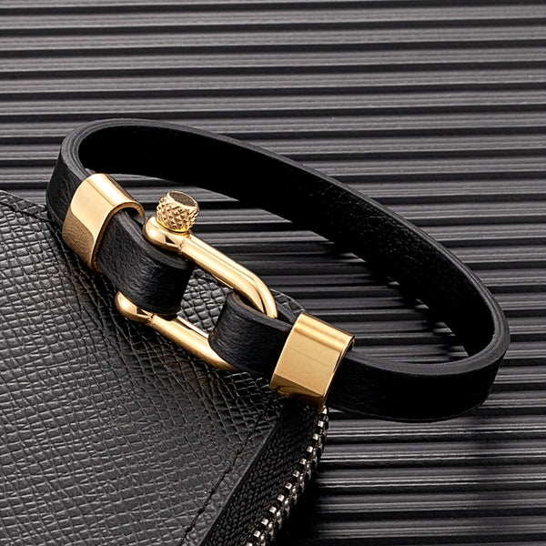 Men Women Black/Gold Stainless Steel U shape Biker Leather Bracelet