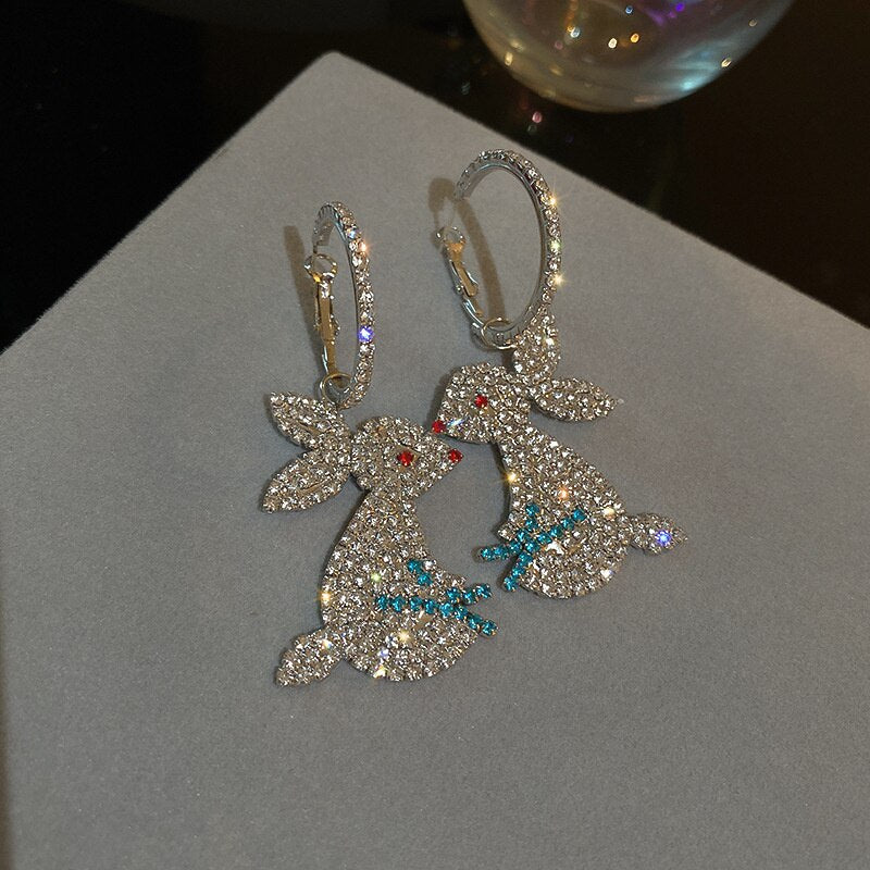 Cute Rabbit Rhinestone Drop Earrings for Women Geometric Crystal Dangle Earrings