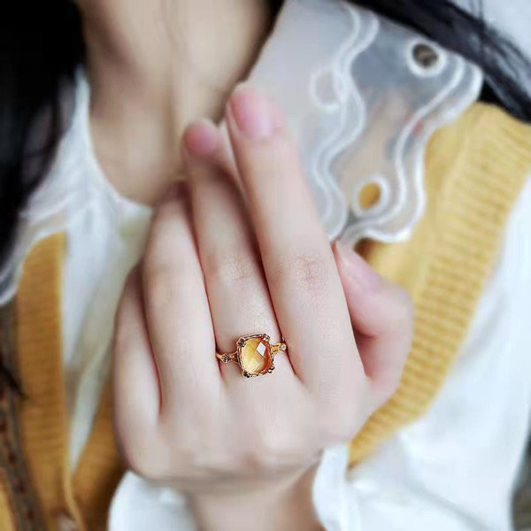 Original design silver inlaid natural citrine opening adjustable ring pendant necklace