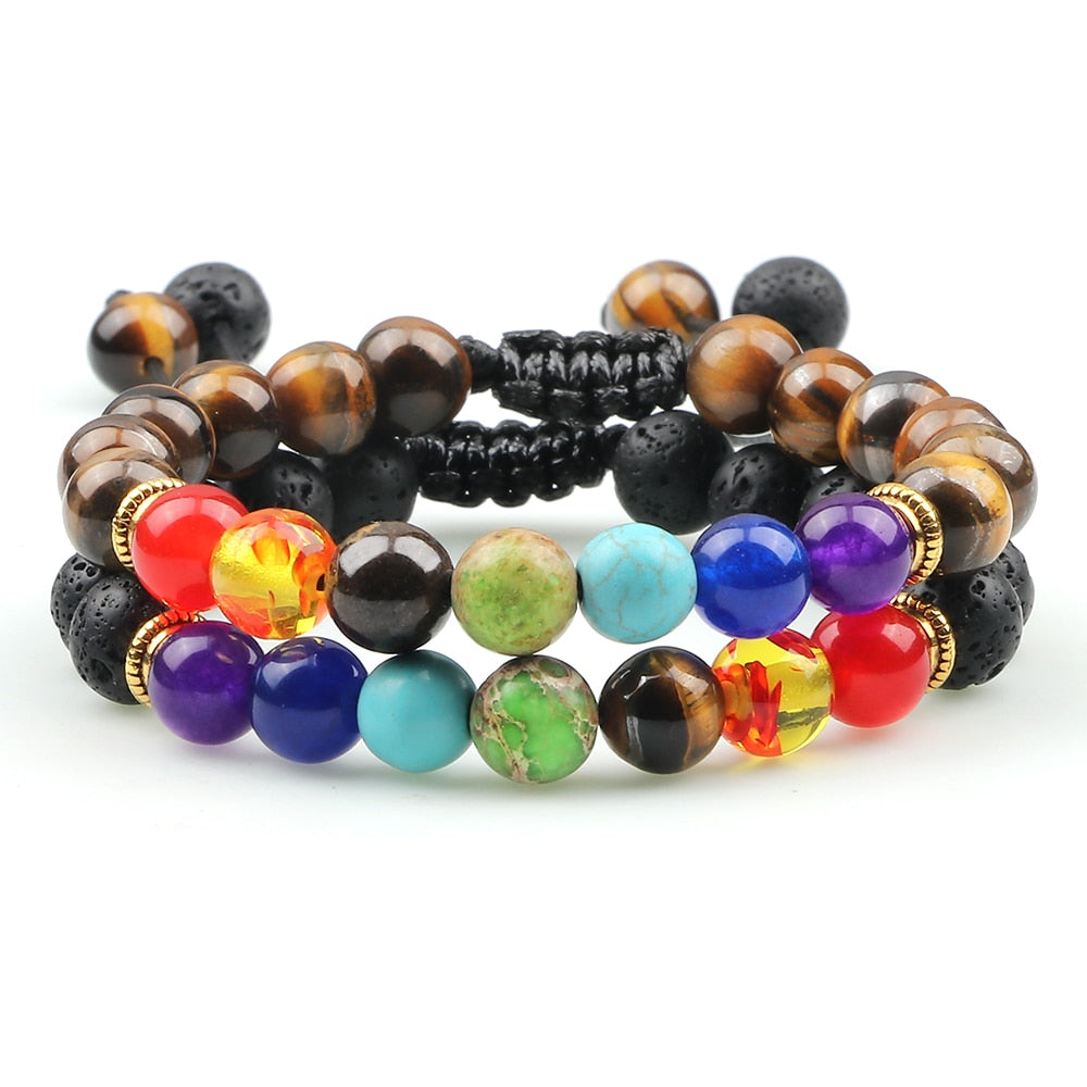 2pcs/set 7 Chakra Black Lava Beads Bracelets Natural Stone Yoga Adjustable Braided Bangle