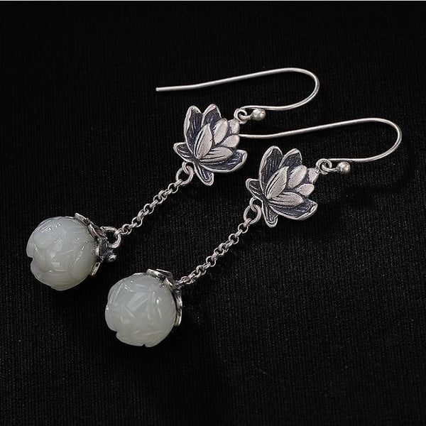 Original natural Hetian white jade lotus long earrings