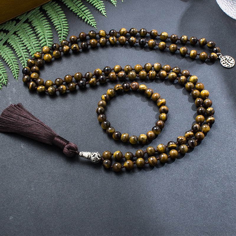 8mm Natural Yellow Tiger Eye Japamala Necklace Meditation Yoga Jewelry Set