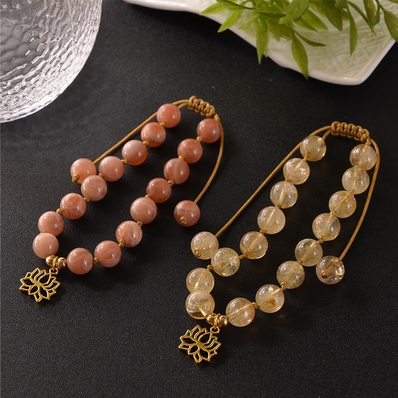 8mm Natural Citrine Sunstone Beaded Knotted Bracelet