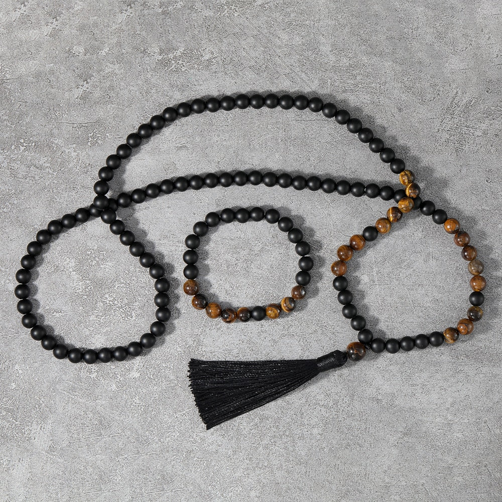 8mm Yellow Tigers Eye, Matte Black Onyx, Japamala Sets