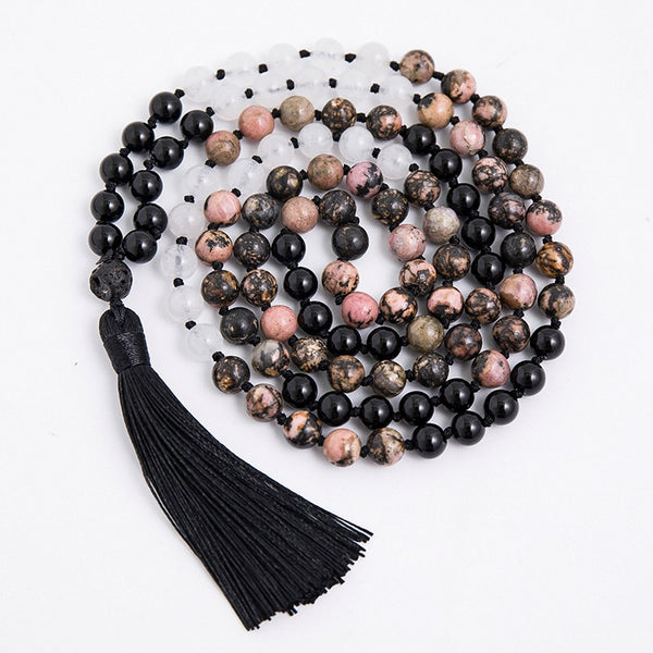 108 Mala Beaded Necklace 8mm Rhodolite Black Onyx White Jade Knotted Jalamala Jewelry