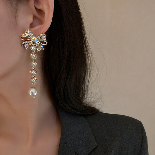 Korean Style Bowknot Rhinestone Dangle Earrings for Women Long Tassel Pearl Earrings