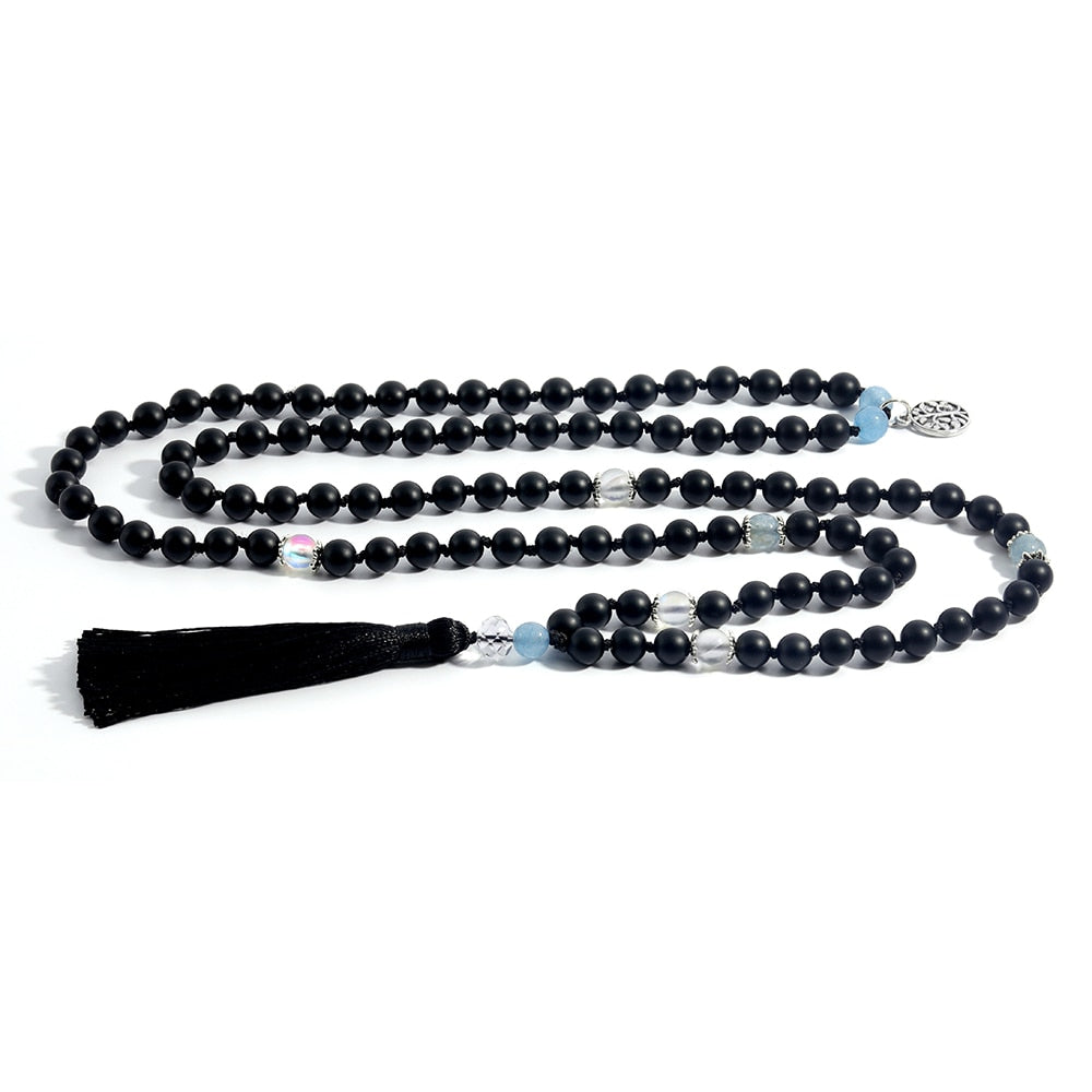 Matte Black Onyx Moonstone Knotted Beads 108 Mala Fashion Menand Women Necklace