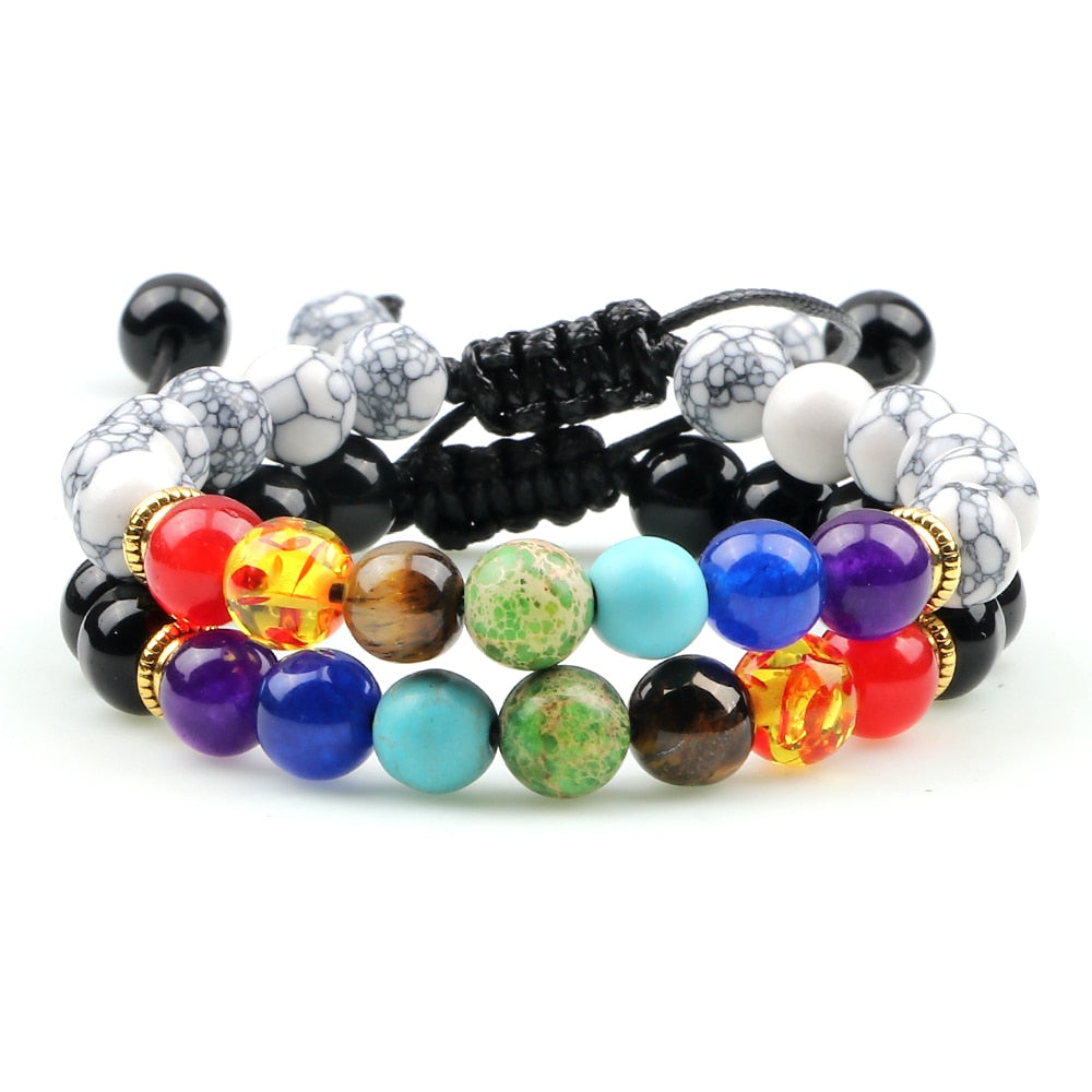 2pcs/set 7 Chakra Black Lava Beads Bracelets Natural Stone Yoga Adjustable Braided Bangle