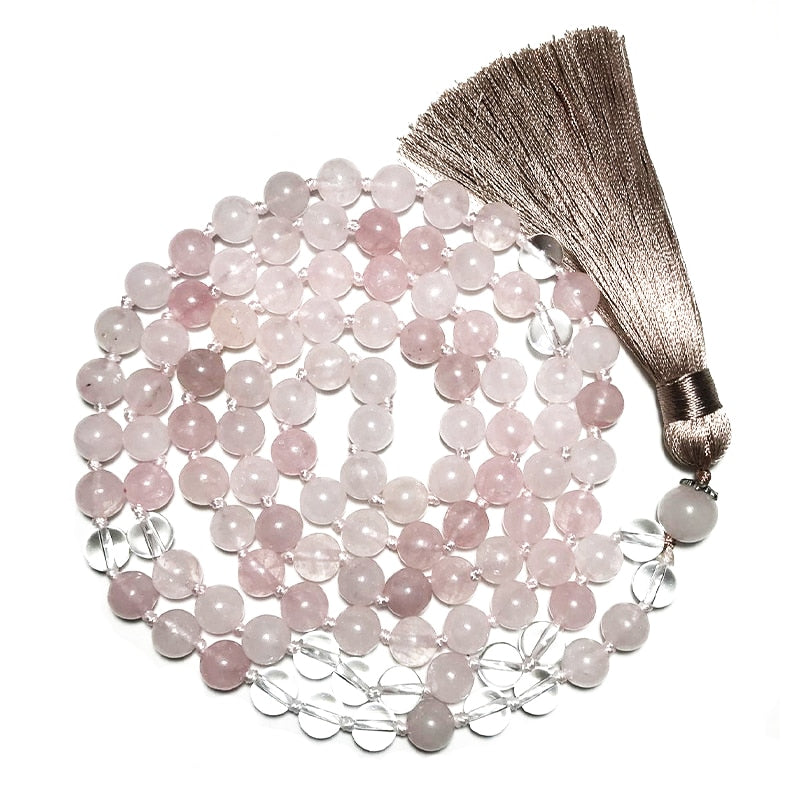 8mm Rose Quartz and Clear Crystal Beads Knotted Mala Necklace