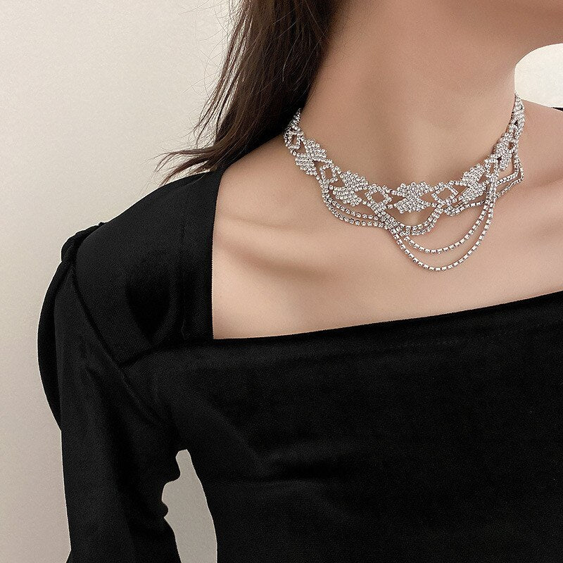 Hollow Geometric Crystal Choker Necklaces for Women Long Tassel Rhinestone Necklaces