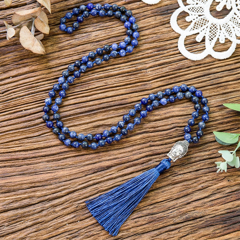 6mm Natural Blue Sodalite Stone Lapis Lazuli Beaded Knotted Necklace