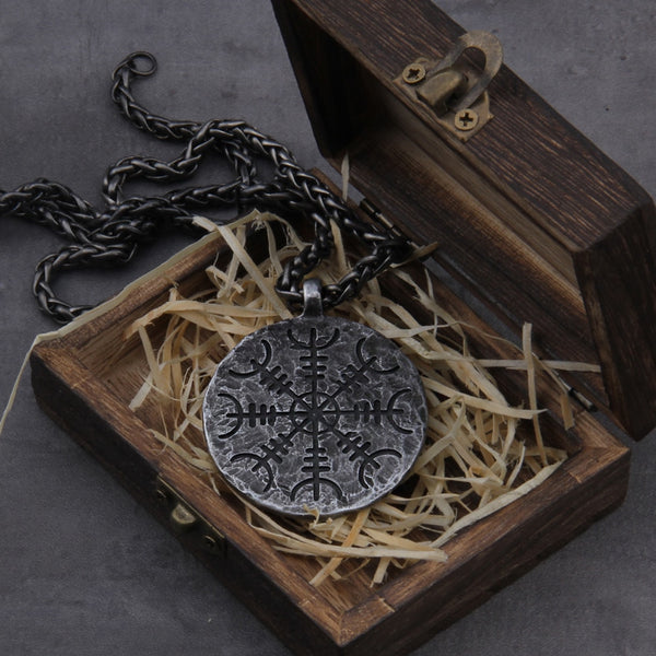 "Helm of Awe" and "Viking Vegvisir" Iron Color Viking Rune Pendant Necklace