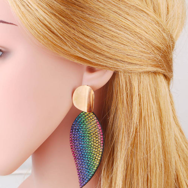 Rainbow Colors Heart Earrings For Women Alloy Leaf Big Drop Dangle Earrings