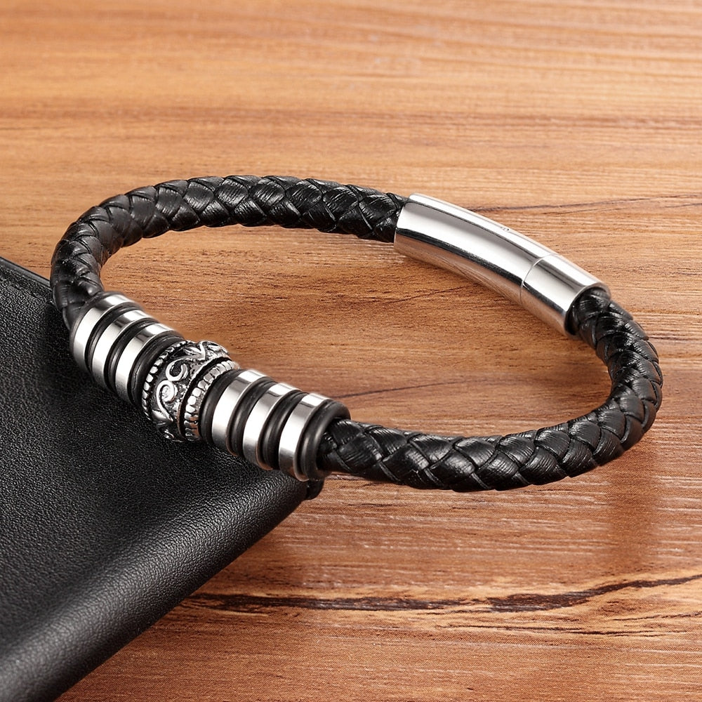 Luxury Round Accessories Combination Men Stainless Steel Leather Bracelet