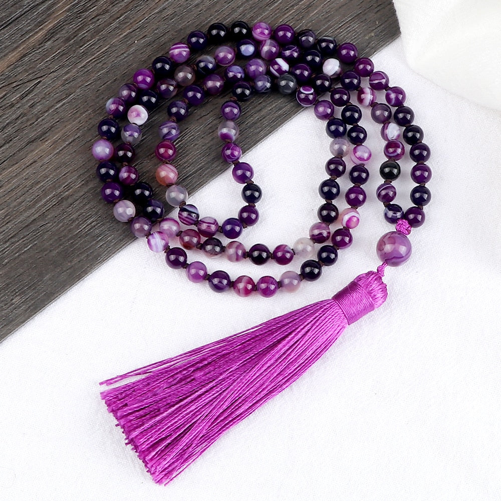 Women Mala Bohemian Tassel Necklace 108 Beads Natural Stone Purple Stripe Onyx Stone Beaded Necklace