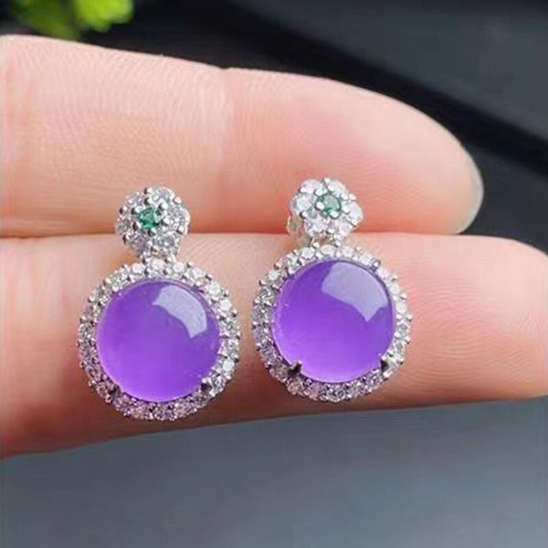 New silver inlaid crystal natural chalcedony ice seed violet egg noodle flower earrings