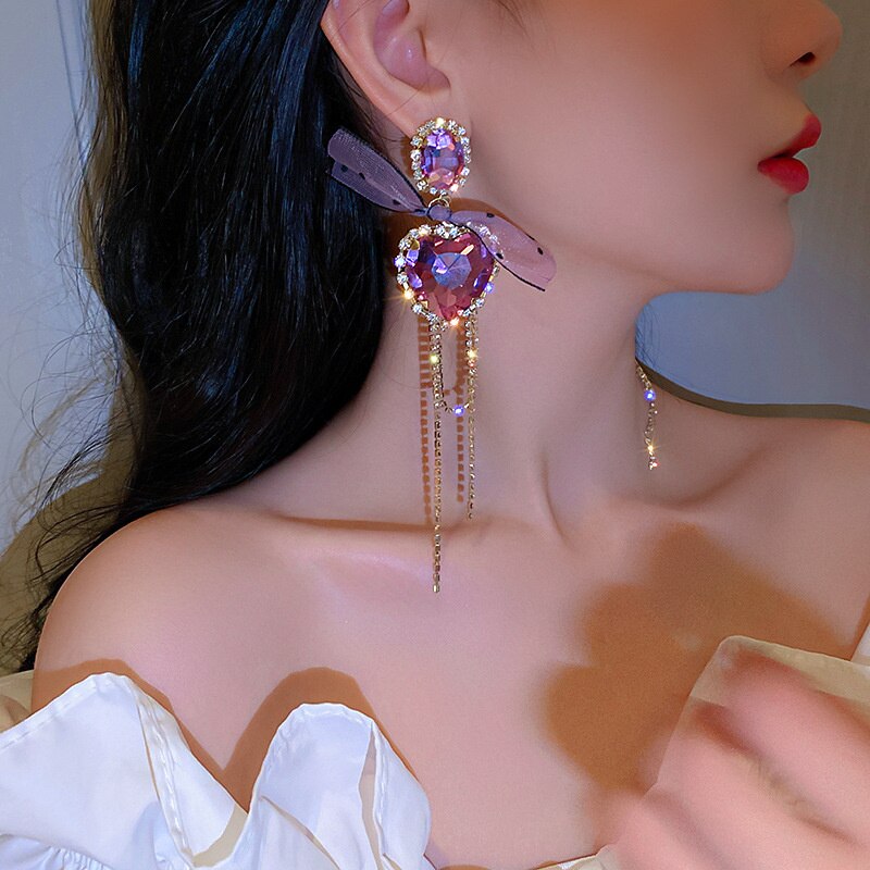 Purple Heart Crystal Earrings for Women Bijoux Long Tassel Geometric Rhinestone Dangle Earrings