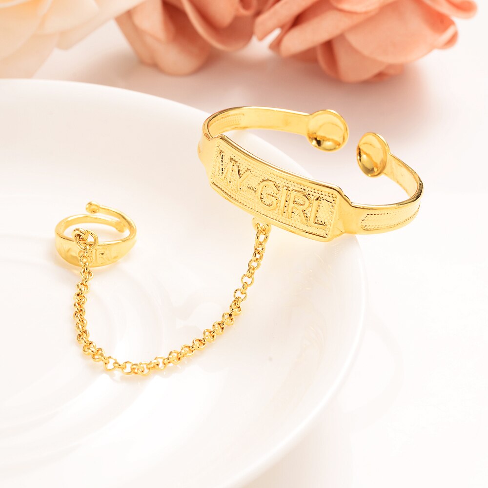 24k Dubai Gold  Stamp Baby Bangle Child Bracelet With Ring