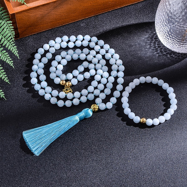 108 Beaded 8mm Aquamarine Japamala Necklace Bracelet Set